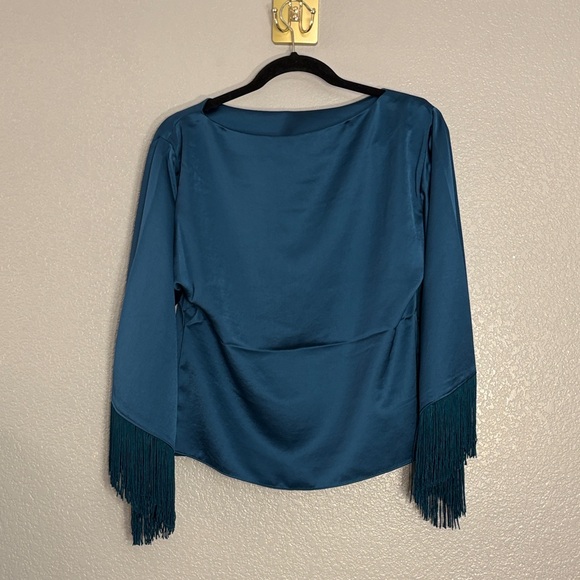 Trina Turk Teal Blouse with Fringe Sleeves - Picture 2 of 6